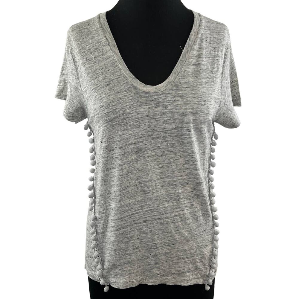 J. CREW Pom Pom Heathered Gray Linen Short Sleeve Rounded V-Neckline Tee Size M